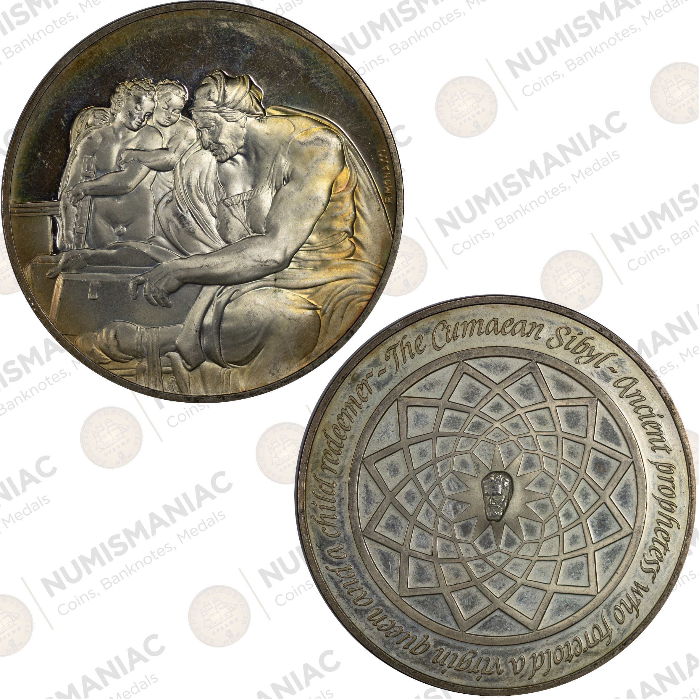 USA 🇺🇸 1970 Franklin Mint Silver Medal - Michelangelo “The Cumaean Sibyl”. (Ag/ 39,23gr /.925).