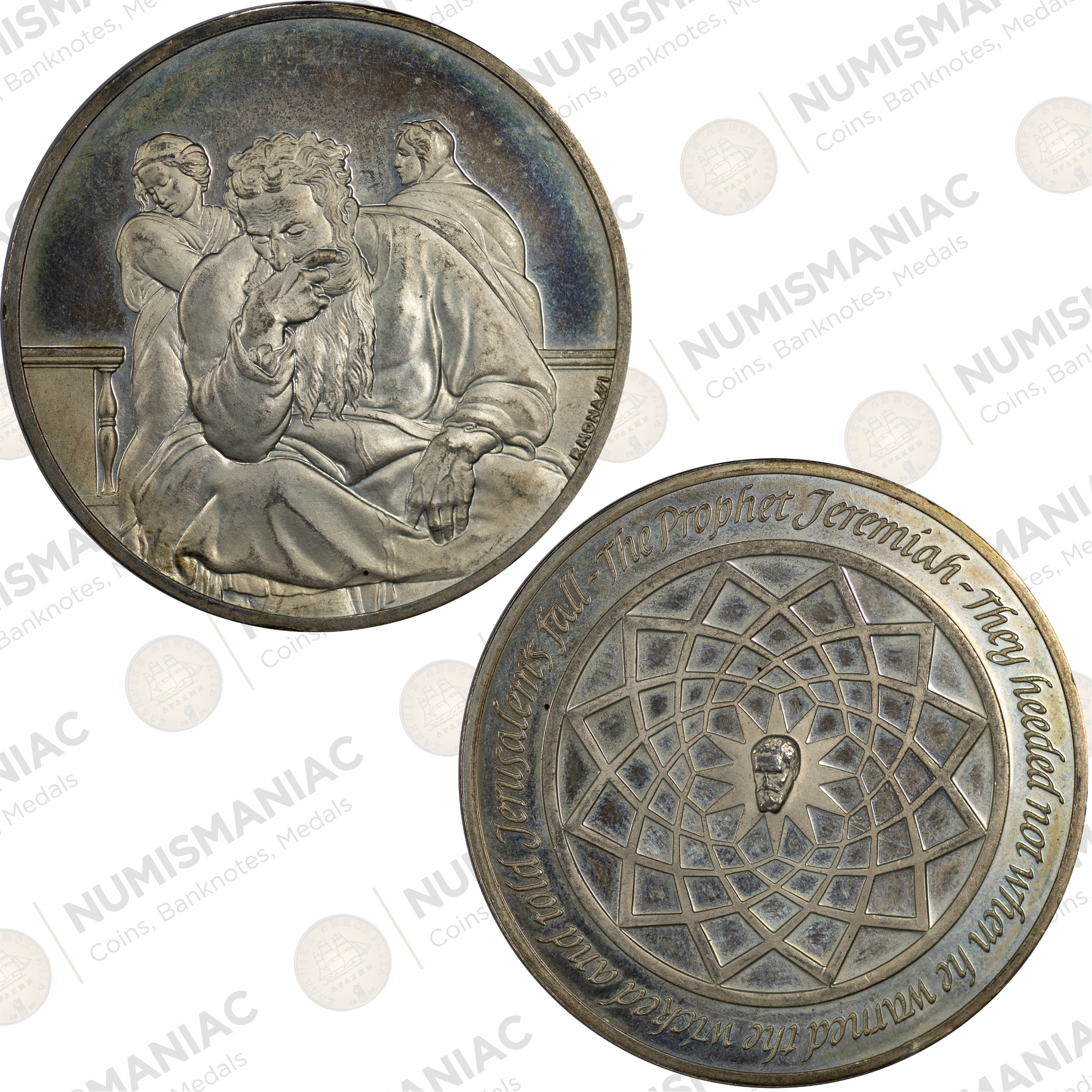 USA 🇺🇸 1970 Franklin Mint Silver Medal - Michelangelo “The Prophet Jeremiah”. (Ag/ 41,08gr /.925).