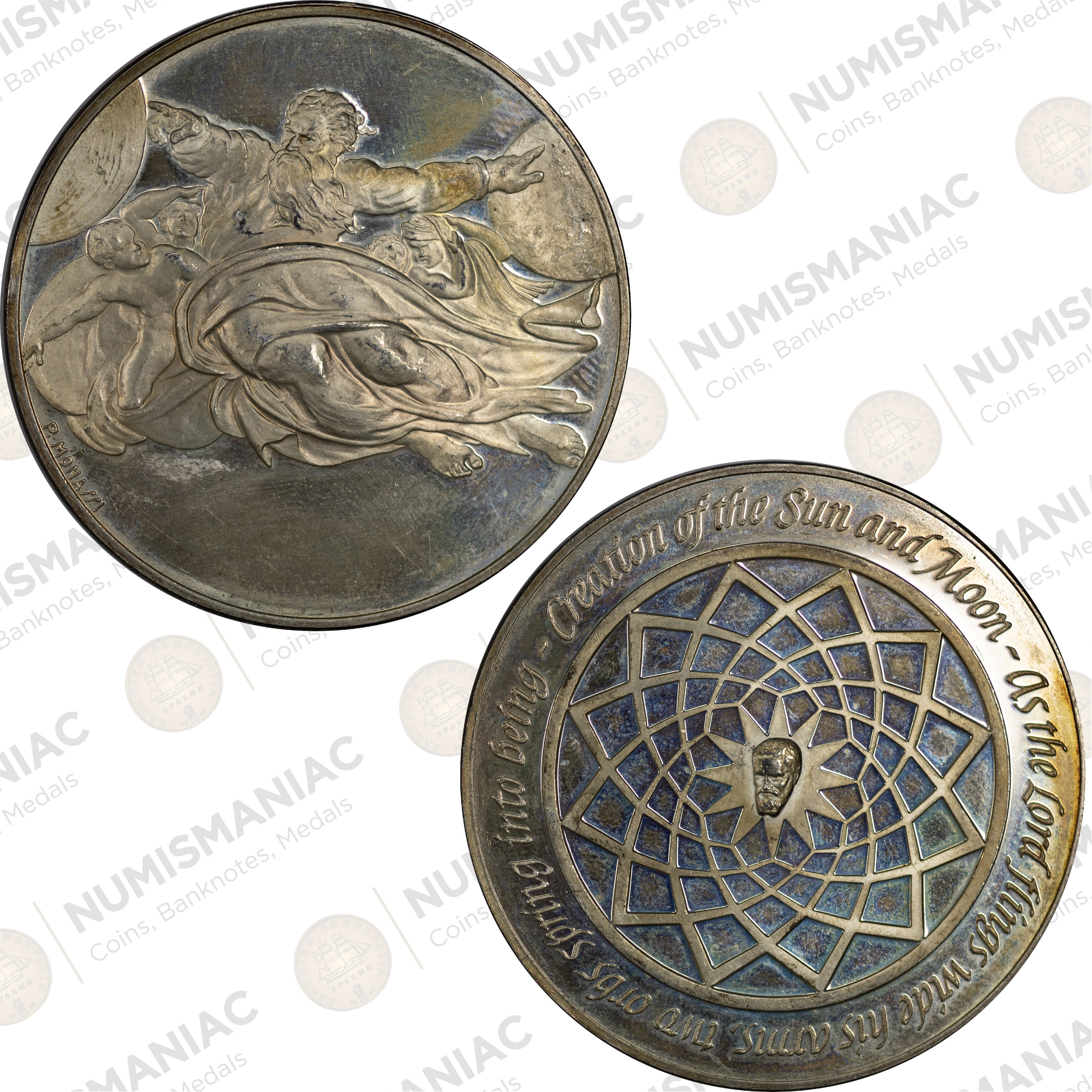 USA 🇺🇸 1970 Franklin Mint Silver Medal - Michelangelo “Creation of the Sun and Moon”. (Ag/ 40,88gr /.925).