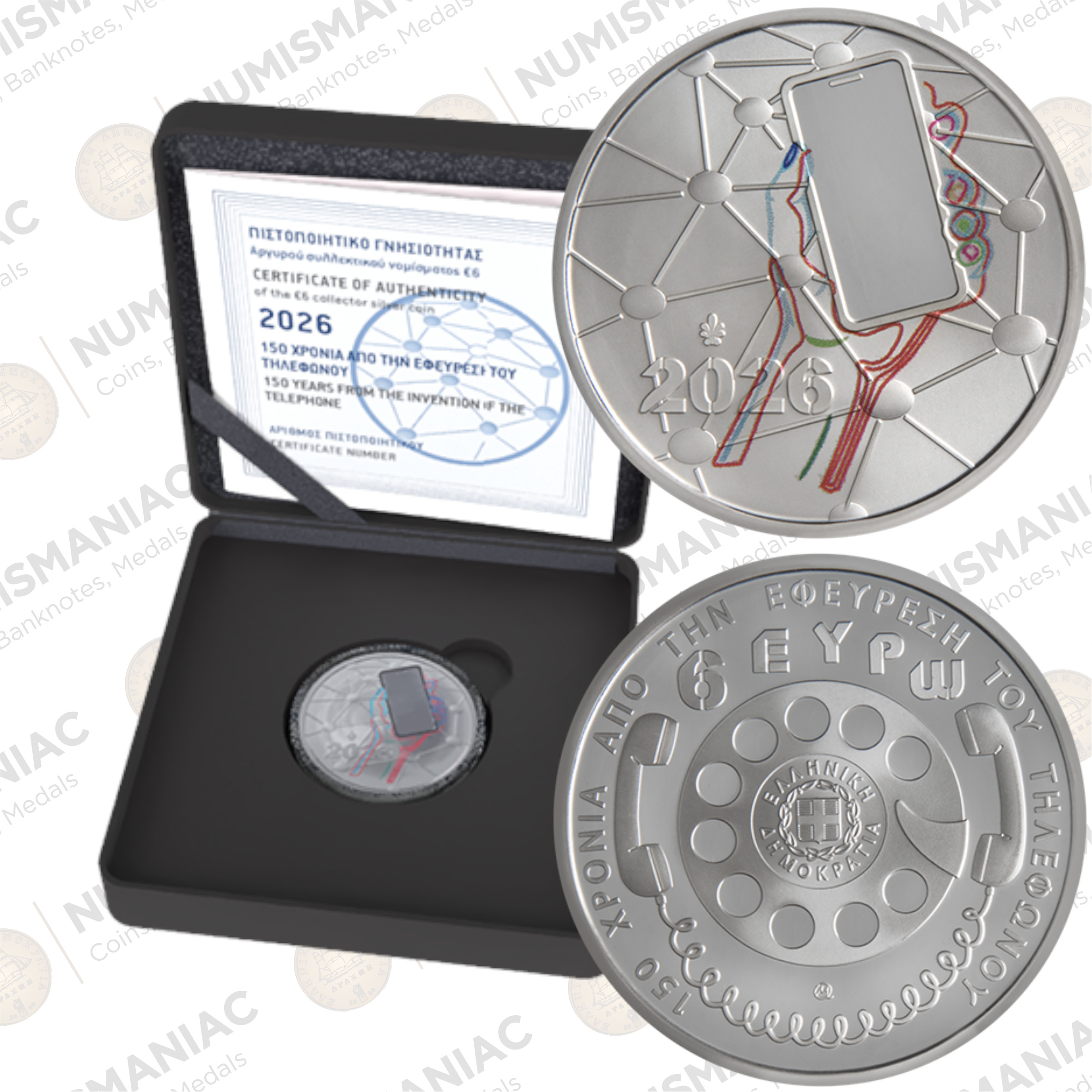 Phone MIX Greece 🇬🇷 2026 €6 Silver Proof – 150 Years from the Invention of the Telephone – Colorized – Mintage 1,000. - Image 1